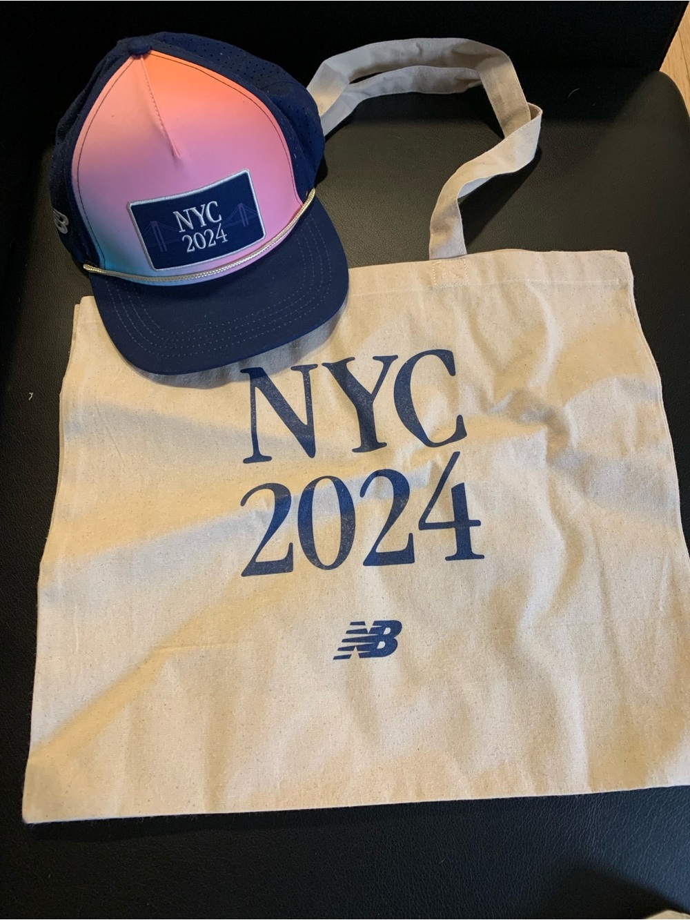 New Balance Navy & Pink Gradient Trucker Hat with NYC 2024 Canvas Tote